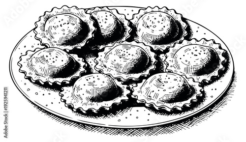 Hand drawn line art food set featuring ravioli on a plate for Italian cuisine menu design