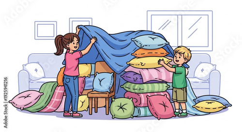 Children building a colorful pillow fort in a cozy living room with blankets and cushions