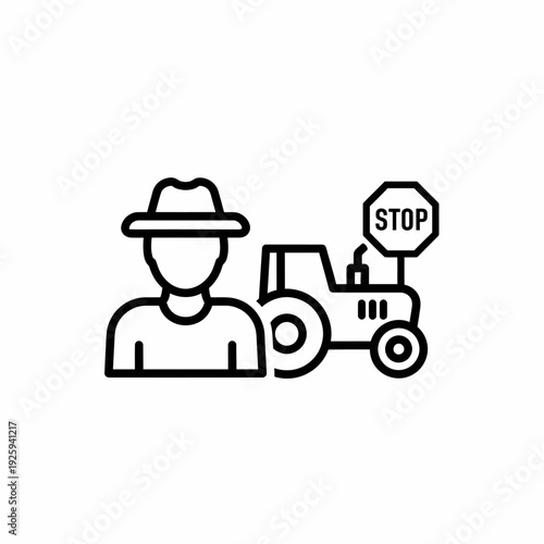 A farmer with a tractor silhouette, in a monochrome line art. There is a stop sign next to tractor