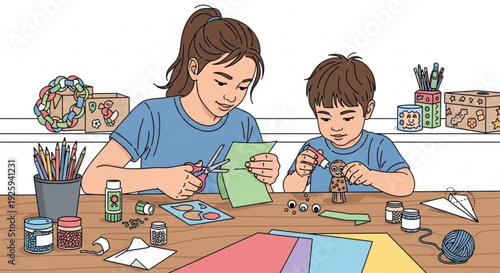 Mother and son engaged in creative crafting activity together at home with colorful art supplies on table