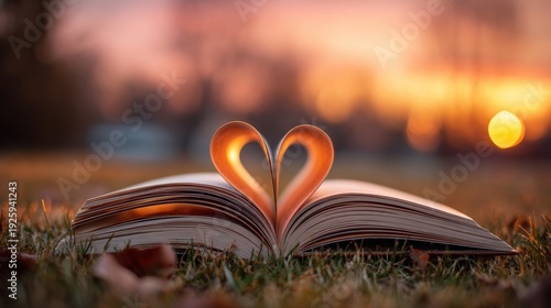 Wallpaper Mural Romantic love theme for Valentines Day. An open book with a heartshaped design on its pages, set against a backdrop of a setting sun. The sun casts a warm, golden light. Torontodigital.ca