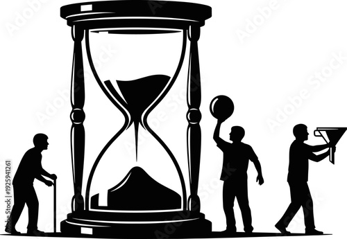 Hourglass and human silhouettes vector illustration, time passing and life stages concept, aging process, patience, mortality, abstract symbolism, minimal black design