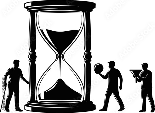 Hourglass life stages silhouette, aging and youth concept, time passage vector, symbolic human journey, black and white illustration, philosophical design