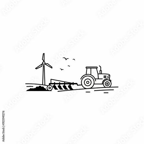 An illustration depicting a tractor plowing a field with a wind turbine