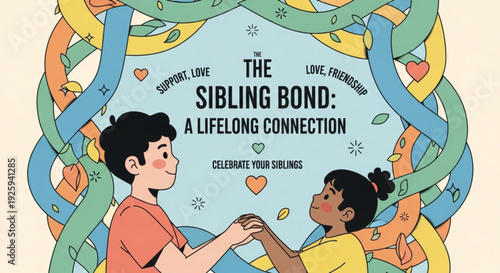 Sibling bond illustration with diverse children holding hands surrounded by colorful ribbons and hearts