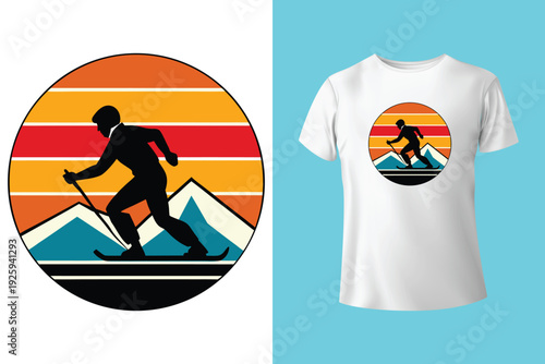 Winter adventures. Vector ski club retro badge. Concept for shirt, print, seal or stamp with skis, ski poles, helmet. Family vacation, activity or travel. For logo design, patches