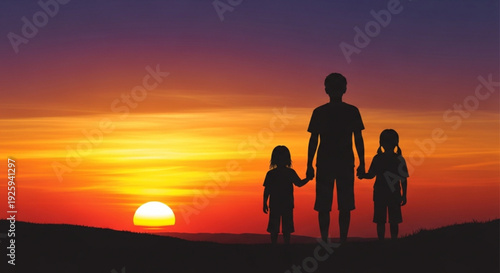 Silhouette of a father and two children watching sunset together outdoors