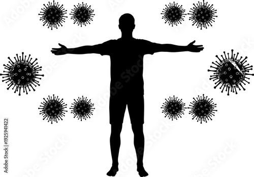 Human silhouette surrounded by virus particles, strong immune system protection, disease prevention, health defense, medical and biology concept vector illustration design