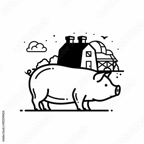A stylized black and white illustration depicts a large pig in the foreground with a barn and trees in the background, representing farm life and agriculture.