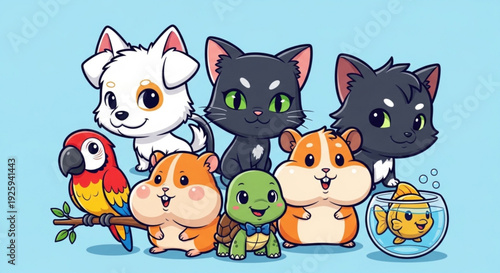 Colorful cartoon animals group with dog cat hamster parrot turtle fish