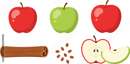 Red and Green Apples with Cinnamon Stick and Seeds Illustration
