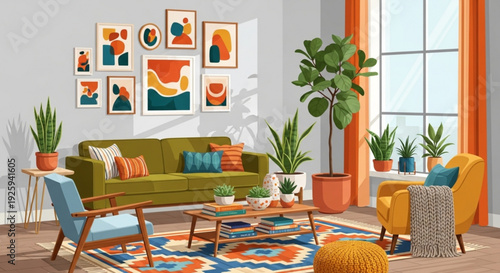 Vibrant living room interior with green sofa colorful pillows plants and abstract wall art in modern home decor setting with natural light