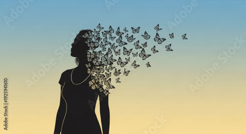 Woman silhouette with butterflies emerging from head against sunset sky symbolizing freedom and happiness