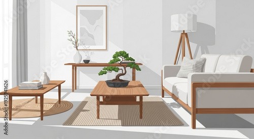 Modern living room interior with white sofa wooden furniture bonsai tree on coffee table natural light