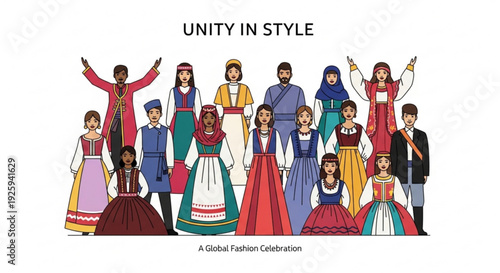 Diverse group of people wearing traditional clothing from around the world standing together in unity and celebration with colorful dresses