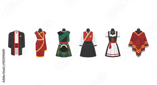 Traditional scottish highland dress and kilt outfits with accessories on mannequins colorful tartan patterns and formal attire