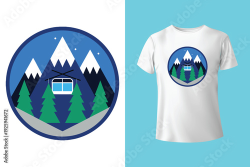 Winter adventures. Vector ski club retro badge. Concept for shirt, print, seal or stamp with skis, ski poles, helmet. Family vacation, activity or travel. For logo design, patches