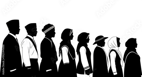 Diverse group of people in traditional clothing standing in line silhouettes multicultural crowd people cultural diversity unity