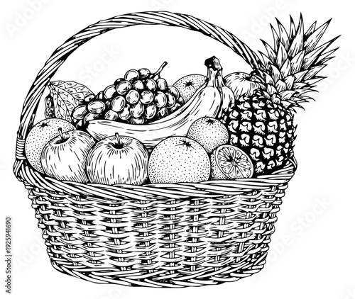 Hand drawn line art illustration of a fruit basket depicting a bounty of fresh fruits for healthy eating