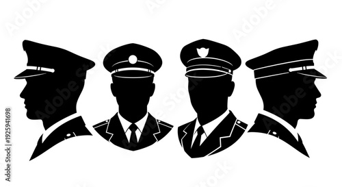 Four distinct male silhouettes in profile and front view wearing formal uniforms and peaked caps representing authority