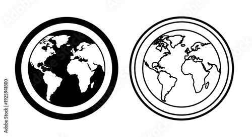 Two stylized globes one black and white the other line art representing global reach connection and international