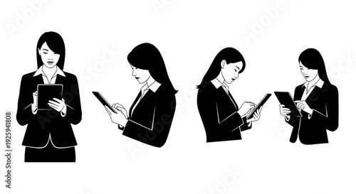 Businesswoman in professional attire engaged with digital device showcasing multiple angles for versatile use