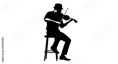 Silhouette of a man in a hat playing the violin while seated on a stool captured in a classic black and white artistic