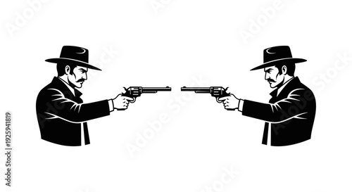 Two silhouetted cowboys in classic hats and suits face off with revolvers drawn in a tense duel representing conflict