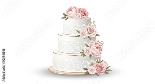 Elegant white wedding cake with pink roses on a gold plate decorated with floral patterns and green leaves for a luxurious celebration