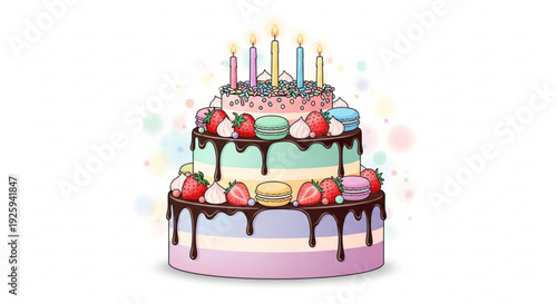 Colorful birthday cake with macarons strawberries and lit candles on top decorated with chocolate drizzle