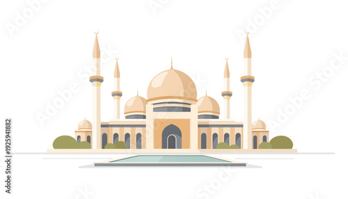 Modern Grand Mosque With Multiple Domes And Minarets Vector Illustration
