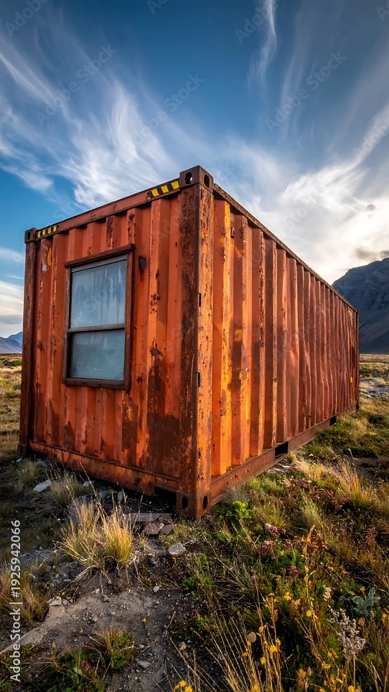 Fototapeta premium A rusty shipping container in a field with a blue sky