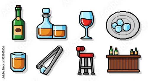 Collection of stylized flat icons representing bar elements including bottles glasses ice tongs stool and counter