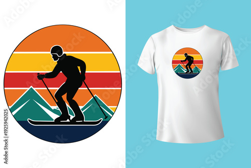 Winter adventures. Vector ski club retro badge. Concept for shirt, print, seal or stamp with skis, ski poles, helmet. Family vacation, activity or travel. For logo design, patches