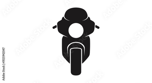 Black silhouette of a front facing sport motorcycle with a circular headlight and visible front wheel isolated