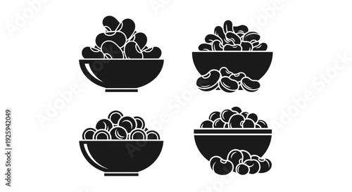 Four black silhouette icons of bowls overflowing with different types of beans representing healthy food and plant