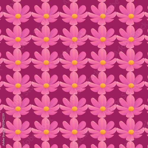 Seamless pink floral vector pattern featuring spring blossoms and purple leaves for nature-inspired textile wallpaper and fabric decoration design
