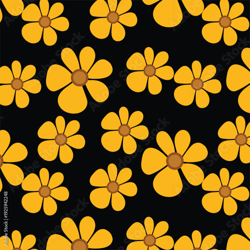 A seamless floral vector pattern featuring vintage yellow and orange flowers with green leaves and butterflies on a retro nature backdrop for spring textile wallpaper design