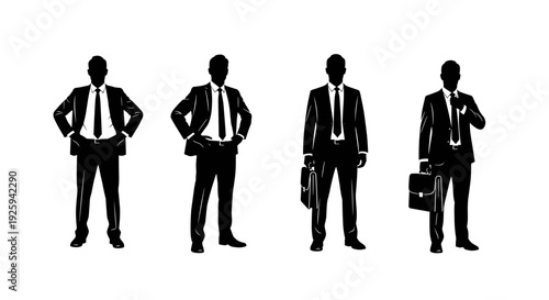 Diverse businessmen silhouettes in suits standing confidently with briefcases and hands on hips representing corporate