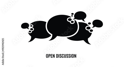 Open discussion icon set. Includes chat, speech bubble, communication symbols. Created in minimalist style with black and white color palette