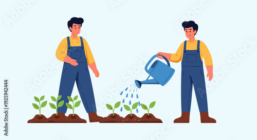 Two Farmers Tending to Young Plants.