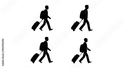 Silhouettes of travelers with rolling luggage walking in four separate frames representing journey movement