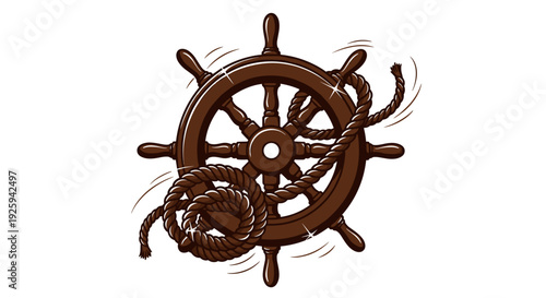 Vintage Wooden Ship Steering Wheel Illustration.