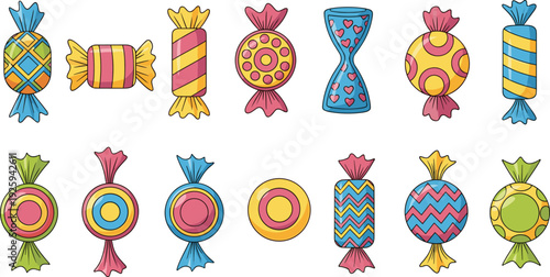 Hand Drawn Colorful Hard Candy Vector Set with Vibrant Patterns and Wrapped Sweets for Confectionery Branding, Party Invitations, and Dessert Shop Decorations