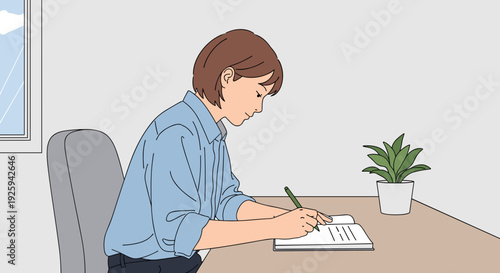 Woman Writing in Notebook at Desk.