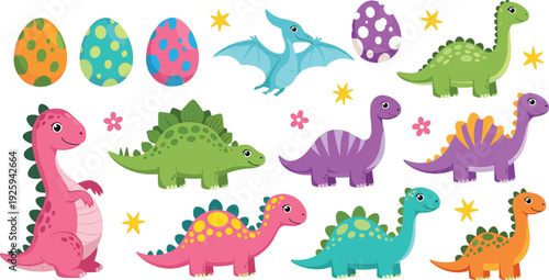 Cute Cartoon Dinosaur Vector Character Set with Colorful Prehistoric Eggs, Pterodactyl, Stegosaurus, and Brachiosaurus for Nursery Decor and Childrens Educational Designs