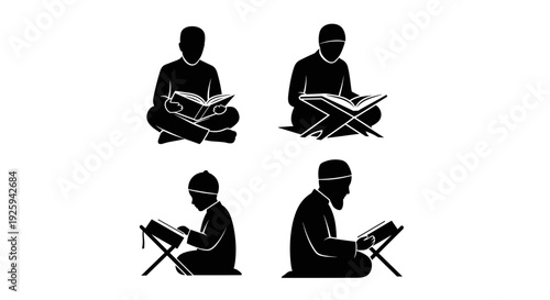 Four distinct black silhouette figures in various seated positions engaged in reading sacred texts on white background
