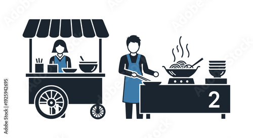 Street food vendors prepare and serve hot meals from a mobile cart and outdoor cooking station showcasing a vibrant