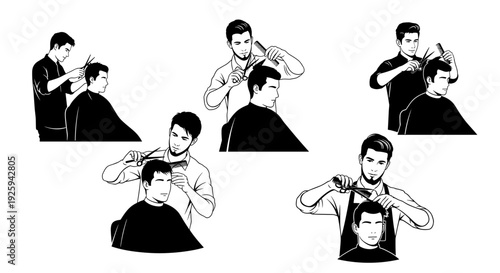 Barber cutting hair with scissors and comb multiple angles showing professional grooming techniques for male hairstyles