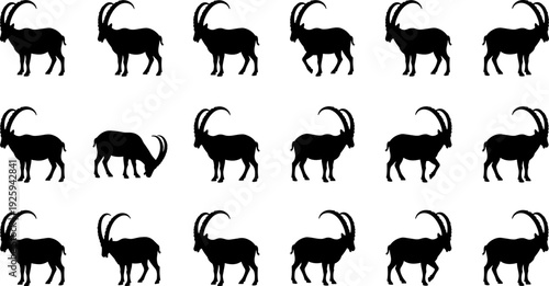 Ibex goat silhouette vector set, black mountain goat poses collection, wild alpine animal icons, nature wildlife illustration isolated on white background